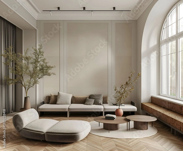 Fototapeta Aesthetic elegant minimalist modern interior design. Clear mock up empty wall for decoration in the apartment. Copy space in the room
