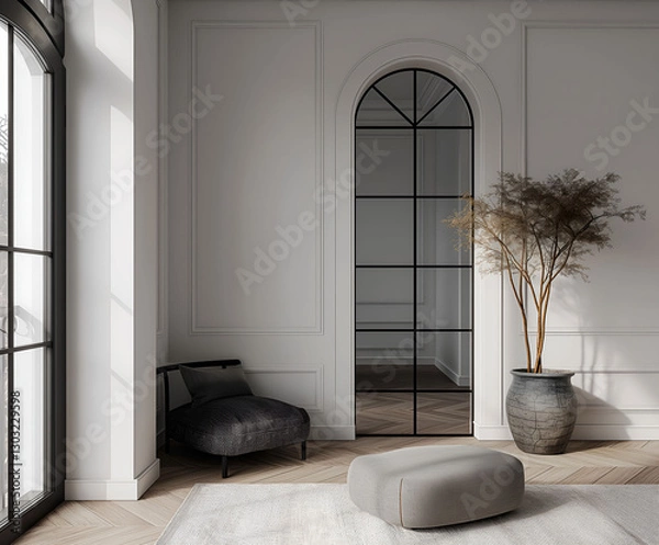 Fototapeta Aesthetic elegant minimalist modern interior design. Clear mock up empty wall for decoration in the apartment. Copy space in the room