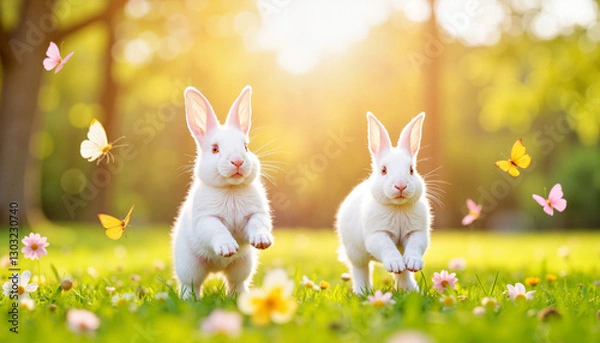 Obraz Playful bunnies hopping in sunlit field with dancing butterflies, spring joy