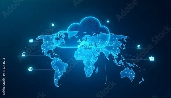 Fototapeta Una obra de arte digital que representa un concepto de computación en la nube con un mapa mundial. La paleta de colores es monocromática, dominada por tonos de azul