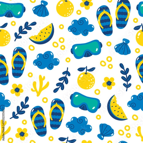 Fototapeta Summer Fun Seamless Pattern Featuring Beach Themed Illustrations