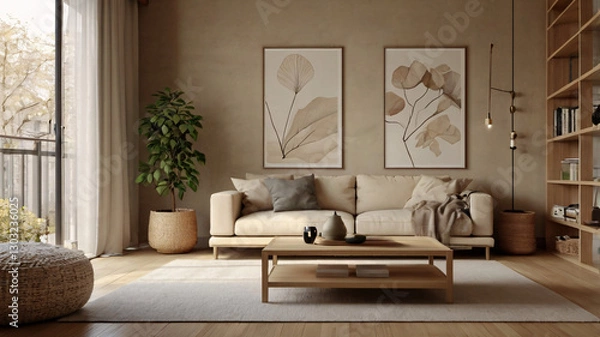 Fototapeta This living room has a warm and inviting aesthetic. A beige sofa with cushions is centered, in front of which is a wooden coffee table with decor items.