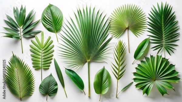 Obraz A set of tropical palm leaves, including fan palms and areca palms, arranged harmoniously on a white background. Diverse textures and shades of green create a fresh, stylish, and modern composition