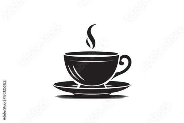 Obraz Minimalist Black and White Steaming Coffee Cup on Saucer.