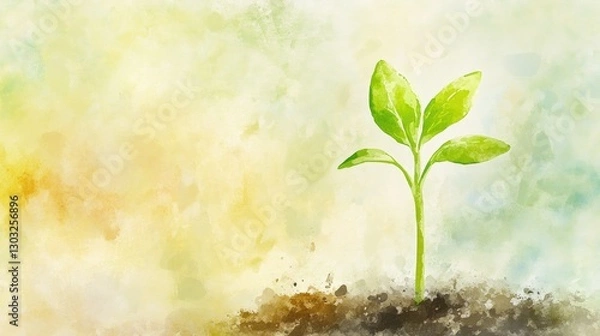 Fototapeta delicate watercolor painting of a single green sprout growing from soft, light green and earthy tones, soft blurred edges, minimalistic composition, pastel background with subtle gradient,