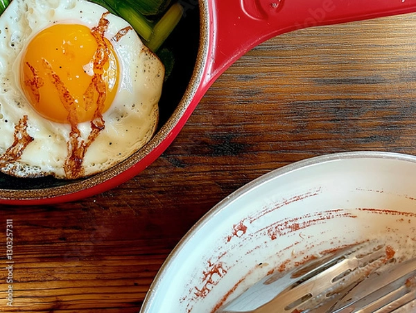 Obraz A poached egg in a red frying pan as seen from above on a wooden kitchen worktop.