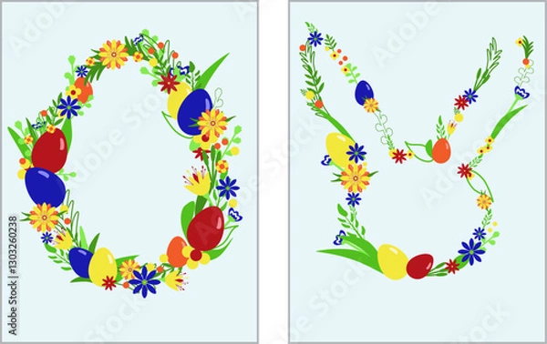 Fototapeta Clip art, Easter set with eggs and flowers. Decorations in colorful abstract design. Frames in the form of an egg and a rabbit. Vector illustrations.