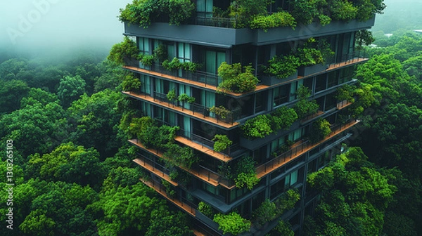 Fototapeta Aerial view of a modern eco-friendly building with lush green plants on balconies, symbolizing urban environmental sustainability and the integration of nature into contemporary architecture
