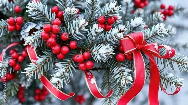 Fototapeta A frosted spruce branch with red berries and ribbons,, frosted