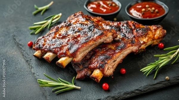 Obraz Succulent ribs are generously coated with a rich barbecue sauce, sitting on a slate platter. Brightly colored herbs and sauces accompany this delicious dish, showcasing culinary artistry