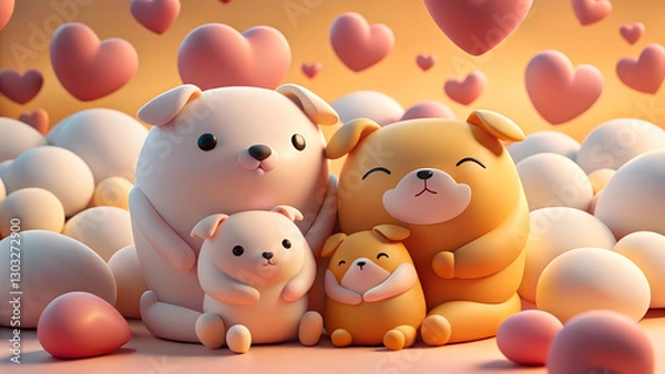 Fototapeta 3D Cuddle Scene: Adorable 3D Pets Cuddling Together with Floating Hearts, Warm Glowing Background, Soft Rounded Shapes, and a Loving, Joyful Atmosphere