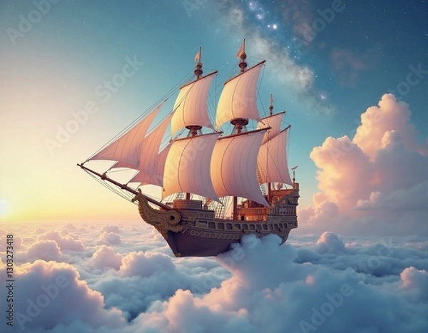 Obraz  Generated image of a majestic ship sailing through a star-filled, cloud-covered sky.