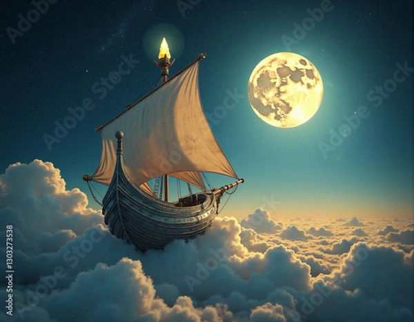 Obraz  Generated image of a majestic ship sailing through a star-filled, cloud-covered sky.