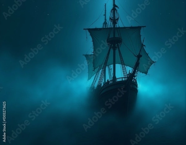 Obraz  Generated image of a majestic ship sailing through a star-filled, cloud-covered sky.
