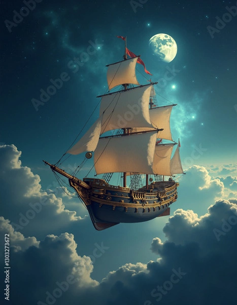 Obraz  Generated image of a majestic ship sailing through a star-filled, cloud-covered sky.