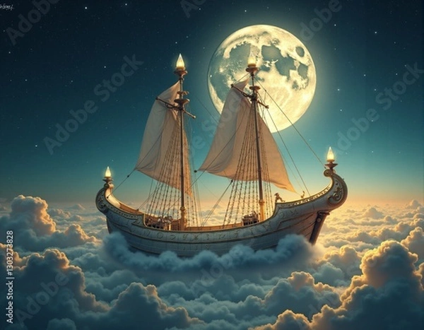 Obraz  Generated image of a majestic ship sailing through a star-filled, cloud-covered sky.
