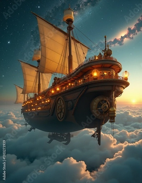 Obraz  Generated image of a majestic ship sailing through a star-filled, cloud-covered sky.