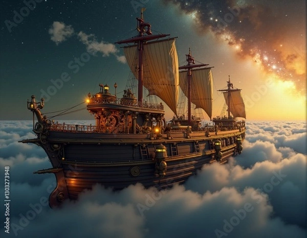 Obraz  Generated image of a majestic ship sailing through a star-filled, cloud-covered sky.
