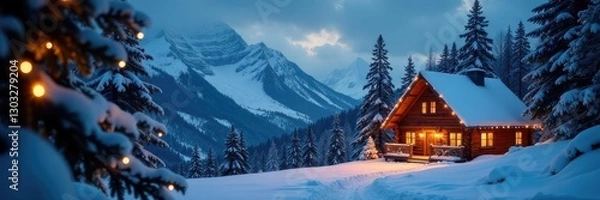 Fototapeta Twinkling Christmas lights reflect off snow-covered pine trees and a rustic cabin in the distance, mountain, pine