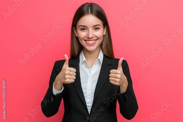 Fototapeta Businesswoman showing a double thumbs up gesture, smiling on solid color background