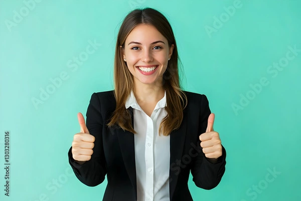 Fototapeta Businesswoman showing a double thumbs up gesture, smiling on solid color background
