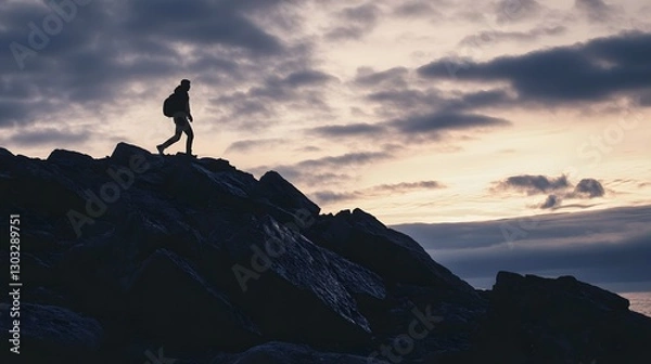 Obraz Silhouette of a lone hiker standing atop a rocky mountain ridge overlooking a breathtaking sunset landscape with dramatic clouds and majestic peaks in the distance