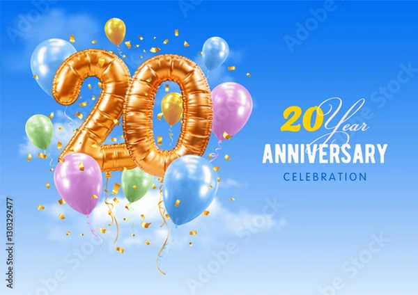 Obraz Twentieth Anniversary or 20th birthday celebration. Number 20 in the form of golden balloons. 3D realistic golden numerals, confetti, blue sky background. Template for gala event. Vector illustration