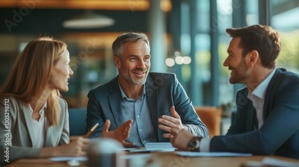 Obraz Business professionals engaged in a discussion during a corporate meeting, candid shot, in a modern office, using rule of thirds, with warm natural lighting
