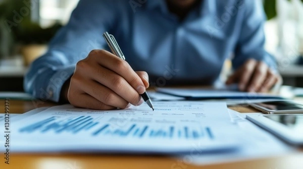 Obraz Close-up of a school administrator reviewing data analysis reports, macro shot, in an office setting, employing clean composition, with natural light