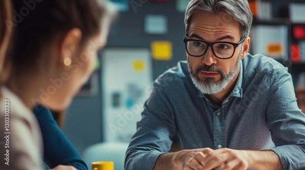 Obraz A school administrator mentoring staff during a performance evaluation session, action shot, in a professional setting, employing dynamic angles