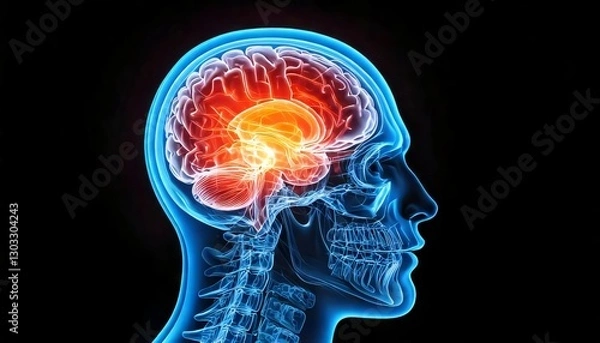 Obraz A vibrant illustration of a human head in profile, showcasing the brain's structure with glowing areas, emphasizing neurological activity.