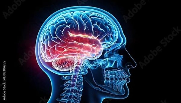 Obraz A vibrant illustration of a human brain in profile, highlighting neural activity against a dark background.