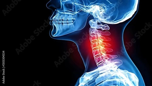 Obraz A detailed X-ray illustration of a human neck, highlighting cervical vertebrae with a red glow indicating potential pain or injury.