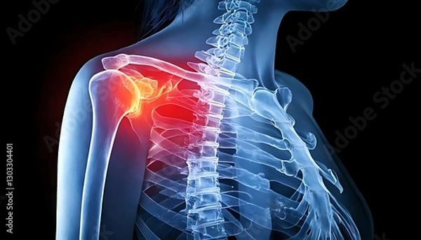Obraz An X-ray image depicting a human shoulder with highlighted inflammation, showcasing the skeletal structure and the affected area.