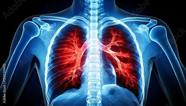 Obraz A vivid illustration of human lungs, showcasing their intricate structure and vibrant colors against a dark background.