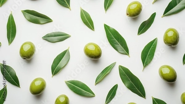 Fototapeta Green olives and leaves pattern on white background.