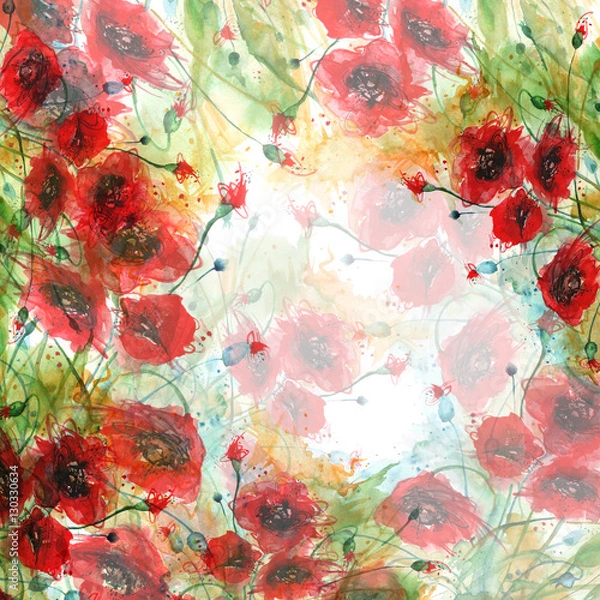 Fototapeta Watercolor red poppy flowers. Painting, hand drawing, paint splash. Beautiful vintage card, invitation, announcement, frame with place for text. A series of works.