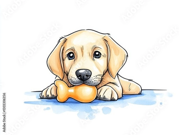 Fototapeta Adorable puppy with a chew toy resting on a blue surface, playful atmosphere