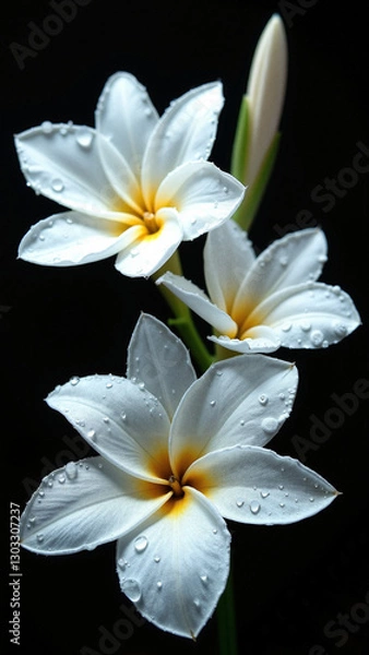 Obraz Ethereal White Exotic Flowers in Macro: Elegant Floral Art on Black Background for Greeting Cards, Weddings, and Luxury Advertising