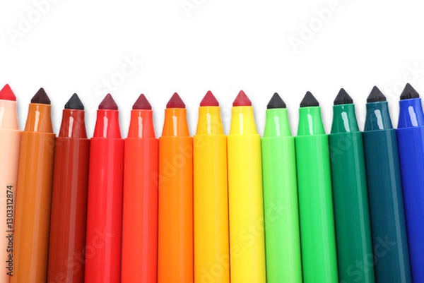 Fototapeta Many colorful markers isolated on white, top view