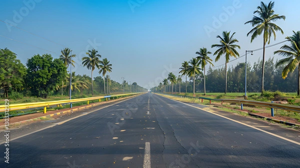 Fototapeta A wide highway in the state of Trichy, a four-lane motorway surrounded by open landscapes and modern infrastructure.