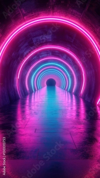 Fototapeta Vibrant neon tunnel with colorful lights reflecting on the floor in a dark urban space