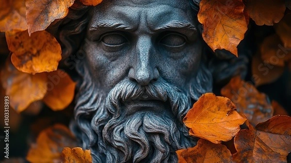 Fototapeta statue of face of a mythologic god surrounded by autumn leaves