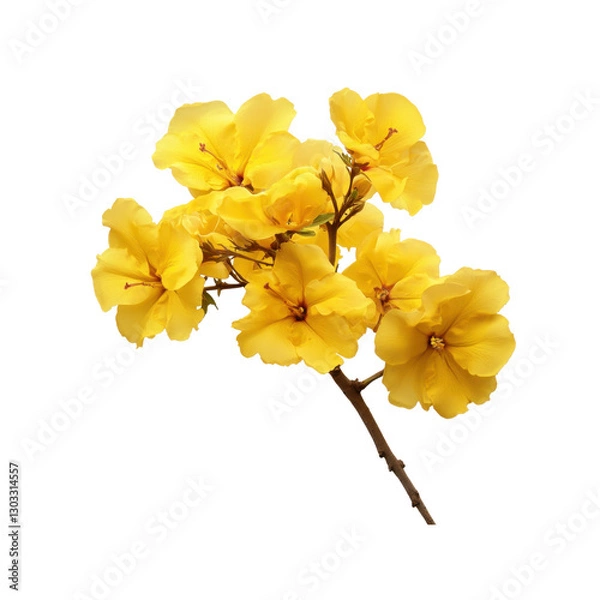 Obraz Vibrant yellow Tabebuia flowers bloom beautifully on a slender branch, highlighting their striking color against a transparent background.