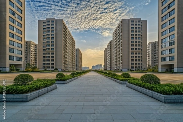 Fototapeta A high school with symmetrical tall buildings, a spacious open courtyard, and a paved walkway lined with small shrubs