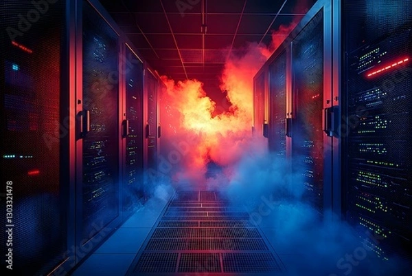 Fototapeta Data Center Server Room with Smoke and Dramatic Lighting Network Technology Infrastructure