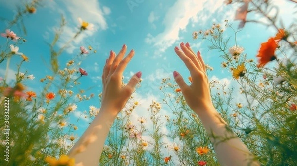 Obraz Woman's hands on a flower meadow. Selective focus.