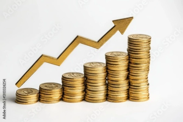 Fototapeta Gold coins arranged in ascending order with an upward arrow symbolizing financial growth and success on a white background