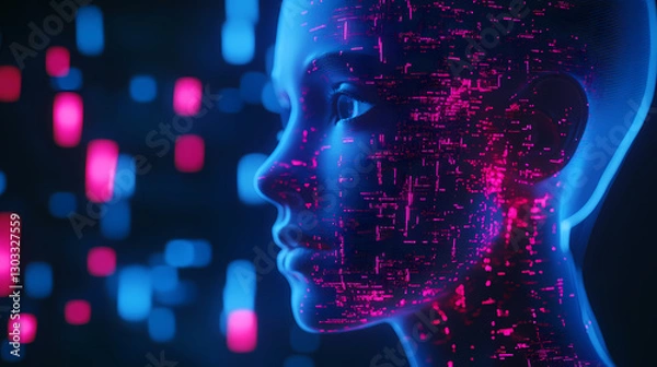 Fototapeta Digital Consciousness: A futuristic digital rendering of a female face, her features overlaid with glowing binary code, set against a backdrop of vibrant blue and pink digital particles.