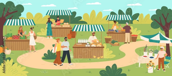 Obraz Stalls filled with fresh fruits, vegetables, and baked goods create a lively atmosphere. People browse and interact in a sunny, green environment, enjoying the outdoor market